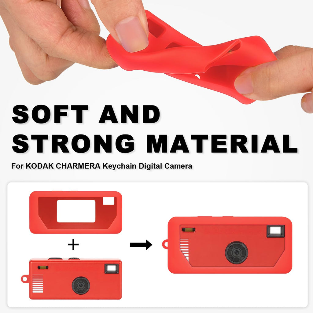 Red silicone case for Kodak Charmera keychain camera soft, flexible material demonstration