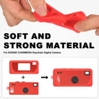 Red silicone case for Kodak Charmera keychain camera soft, flexible material demonstration