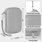 Gray retro handheld console carrying case dimensions, wrist strap, shell material and zipper overview