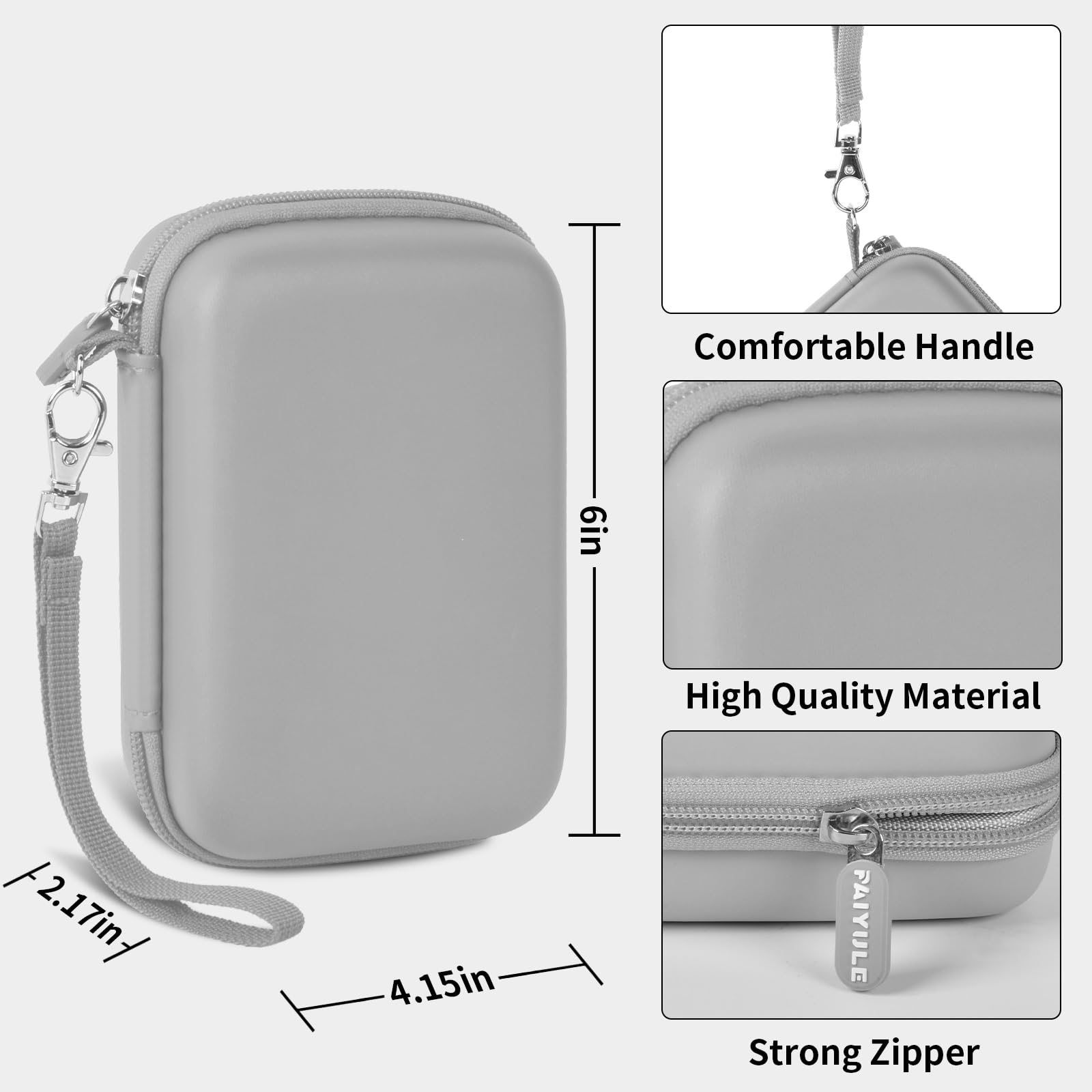 Gray retro handheld console carrying case dimensions, wrist strap, shell material and zipper overview