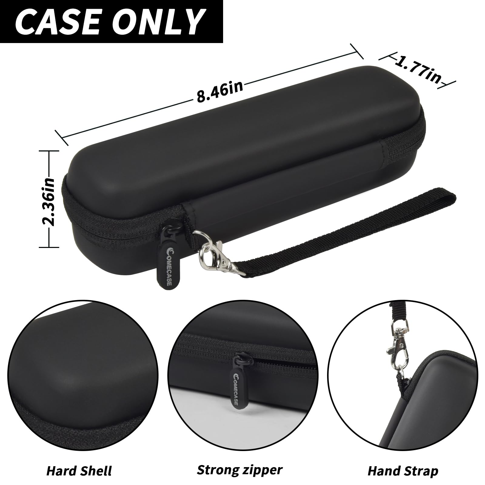 Black slim electric toothbrush case dimensions with hard shell, zipper, and hand strap; case only