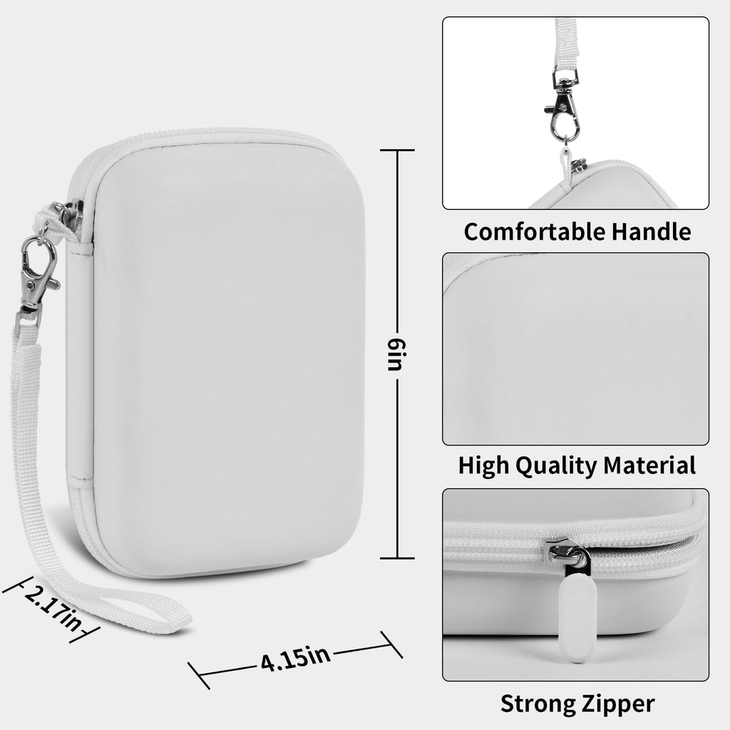 White retro handheld console carrying case dimensions, wrist strap, shell material and zipper overview
