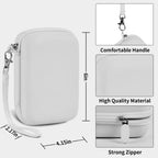 White retro handheld console carrying case dimensions, wrist strap, shell material and zipper overview