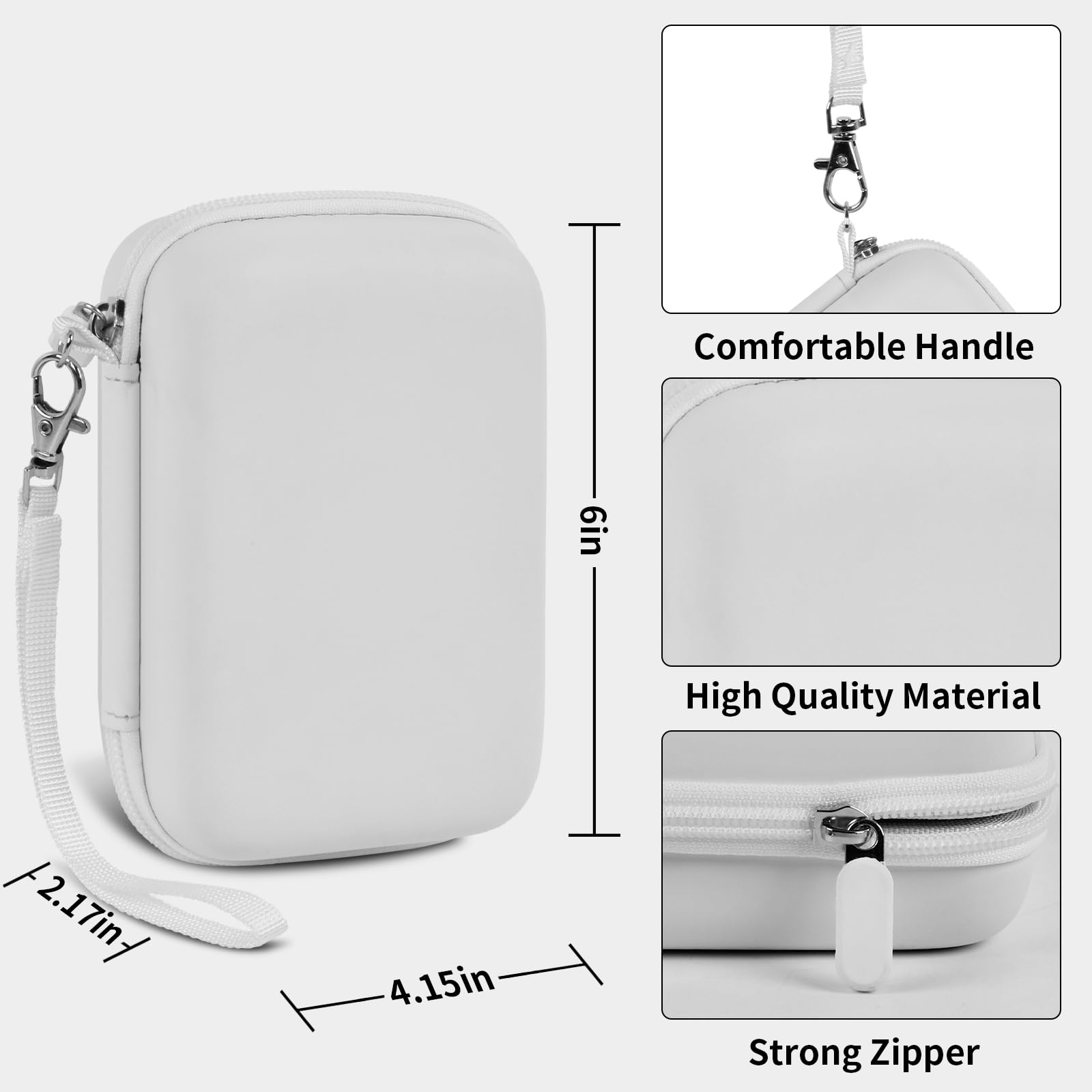 White retro handheld console carrying case dimensions, wrist strap, shell material and zipper overview