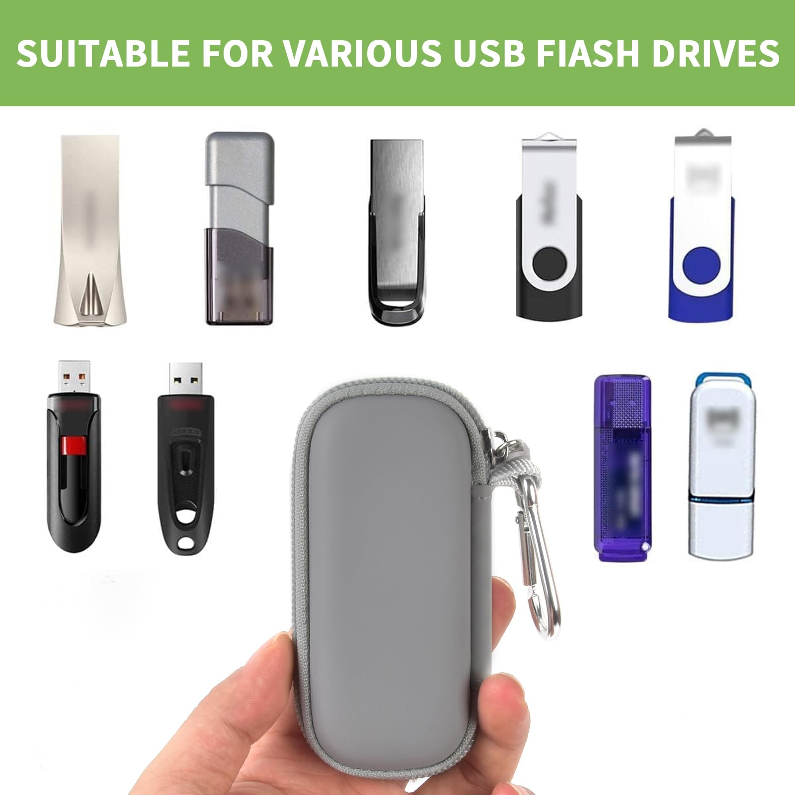 Gray USB flash drive and SD card storage case compatibility with assorted USB flash drives