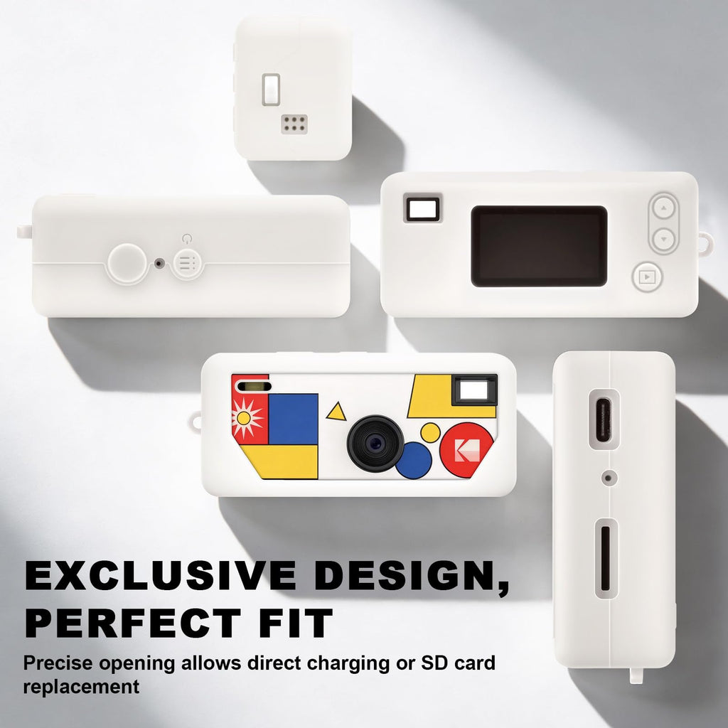 White with colorful camera graphic silicone case for Kodak Charmera keychain camera precise-fit design shown from multiple angles