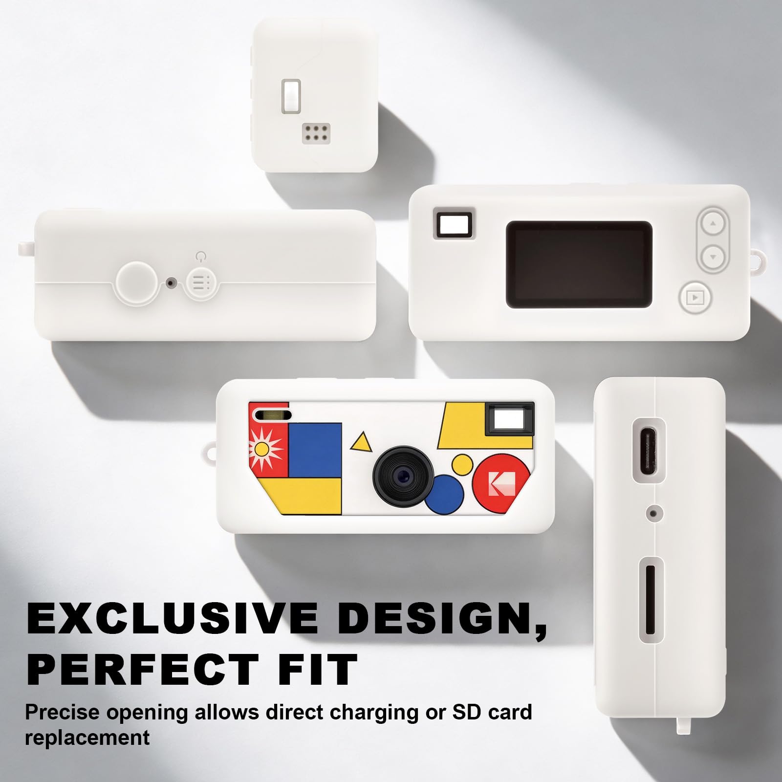 White with colorful camera graphic silicone case for Kodak Charmera keychain camera precise-fit design shown from multiple angles