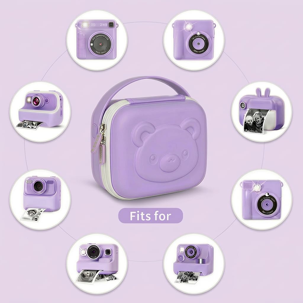 Lavender bear-shaped kids instant print camera case compatibility with kids instant print camera and accessories