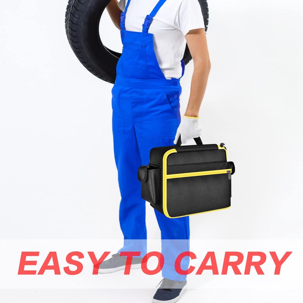 Worker holding a black and yellow air compressor bag with top handle