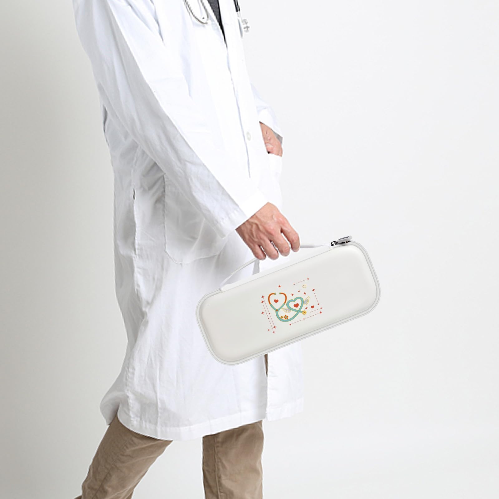Healthcare professional carrying a closed white heart-patterned hard stethoscope case