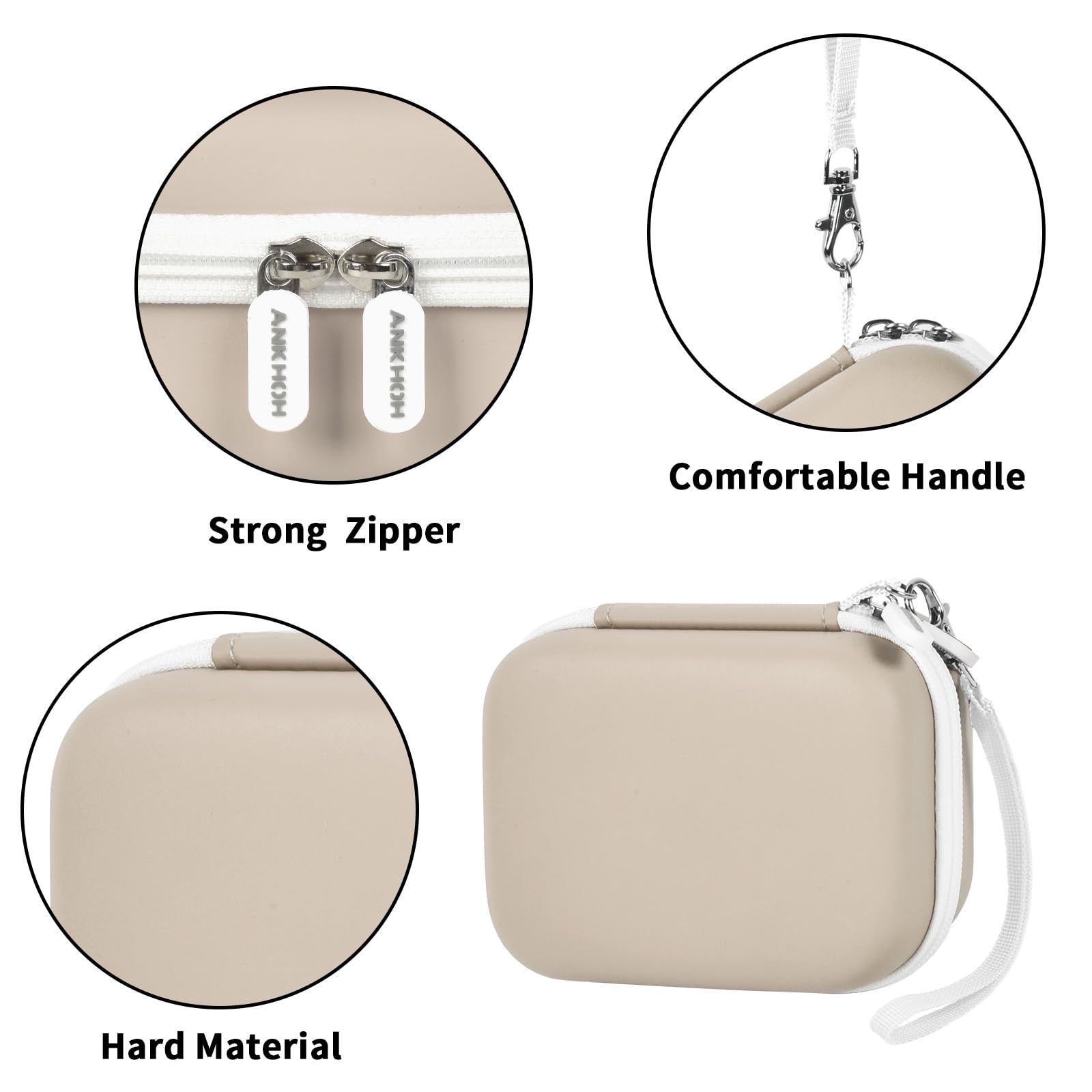 Beige mini printer case with strong zipper, carrying strap, and hard protective shell