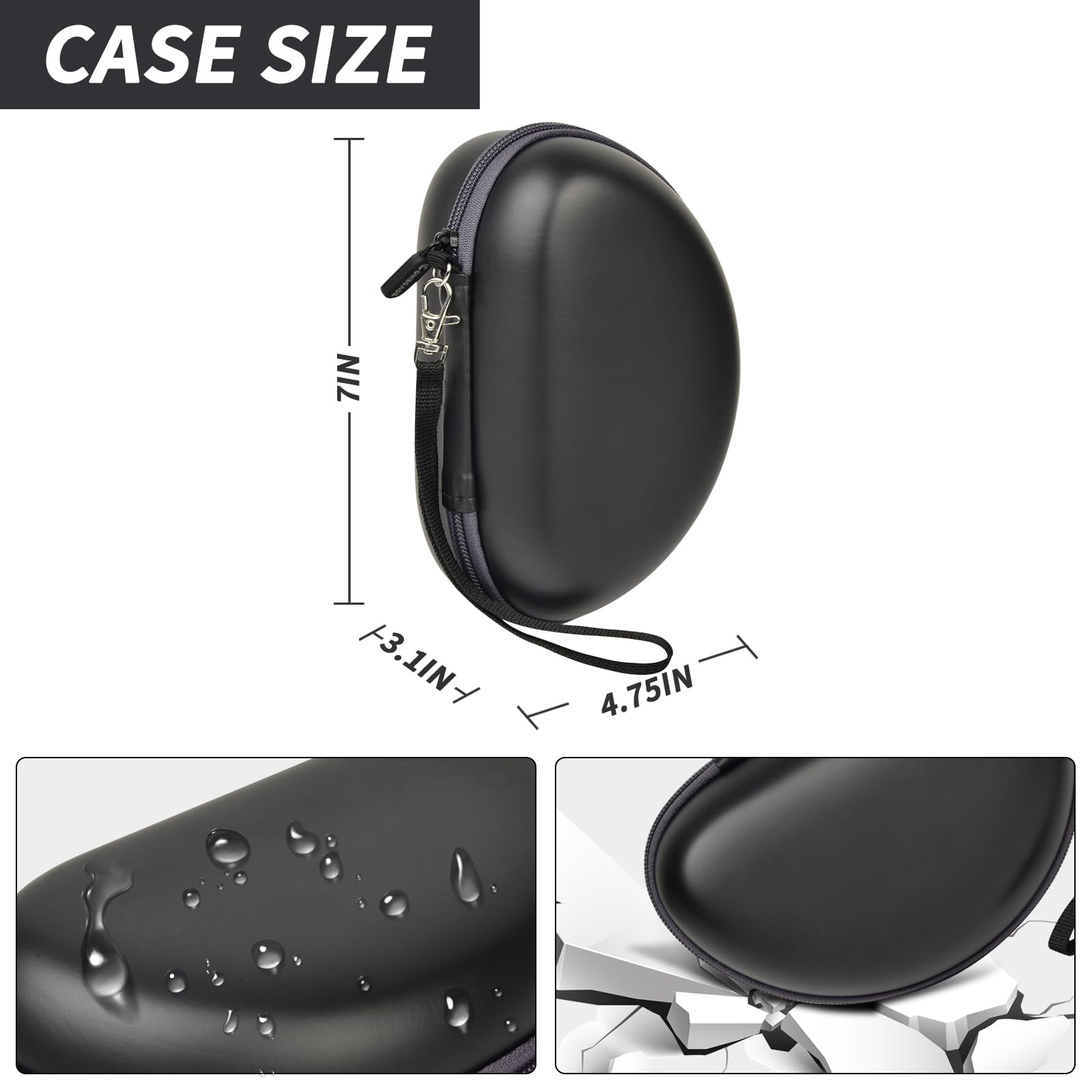 Black headphone case dimensions with water-resistant and anti-fall protection