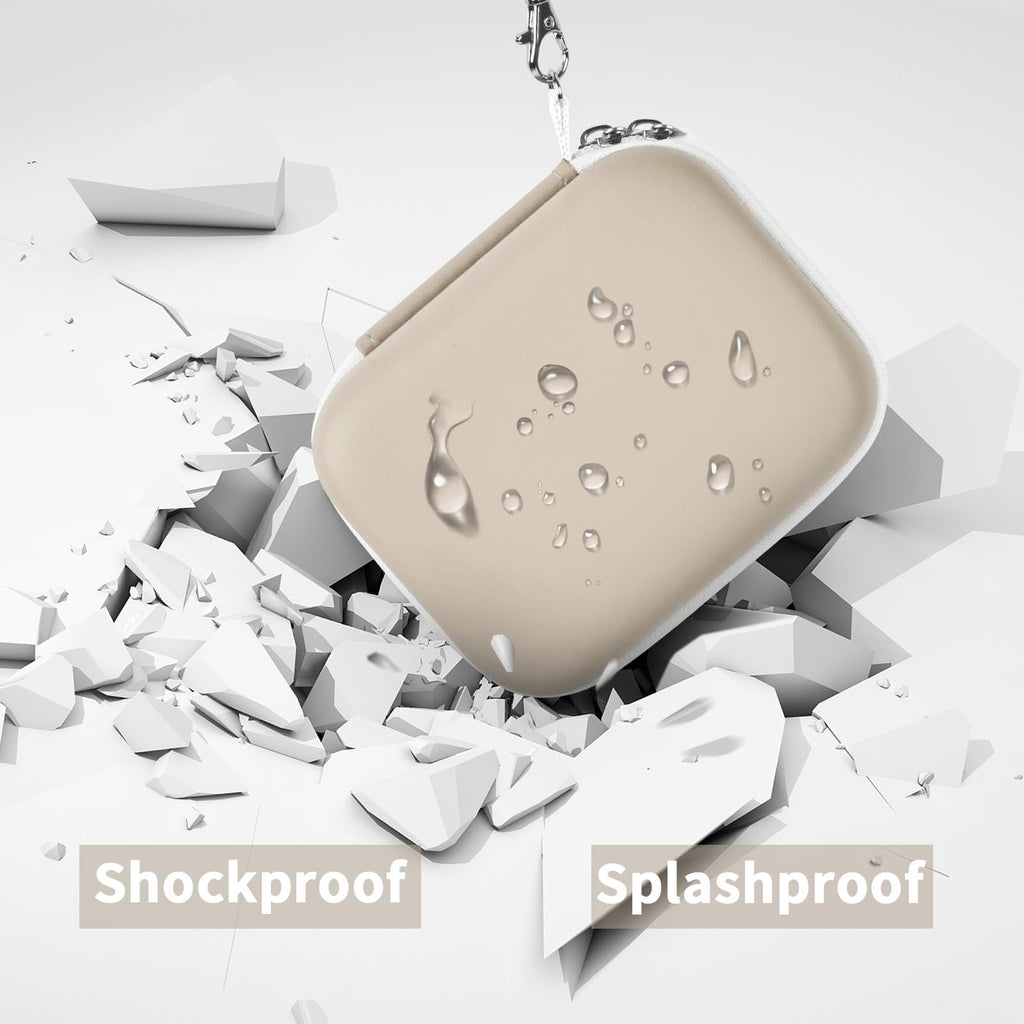 Beige label maker case demonstrating shockproof and splash-resistant protection