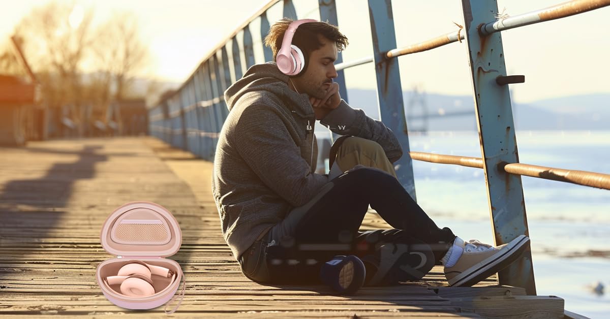 Traveler resting beside luggage and the open pink headphone case