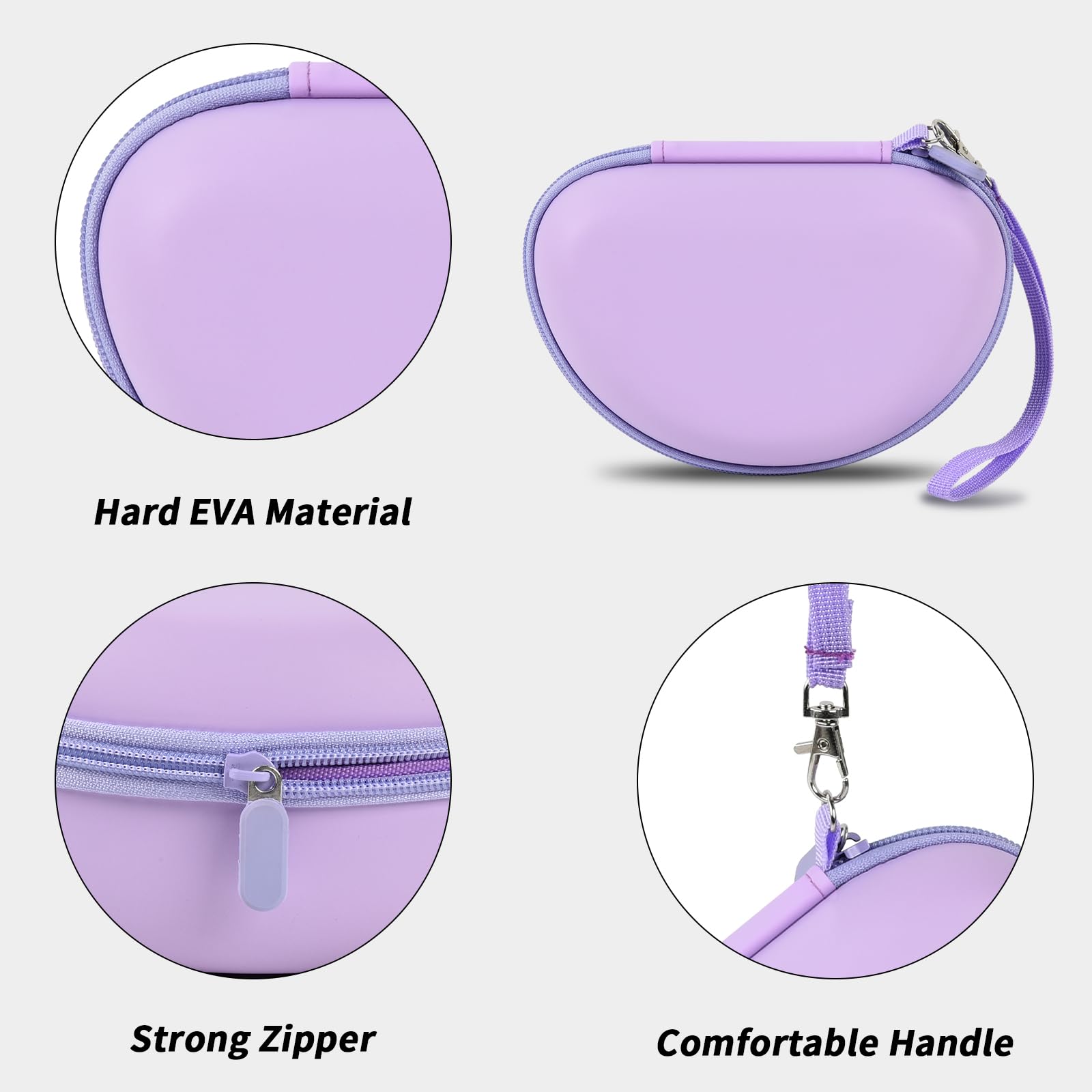 Purple headphone case with hard EVA shell, strong zipper, and carrying strap