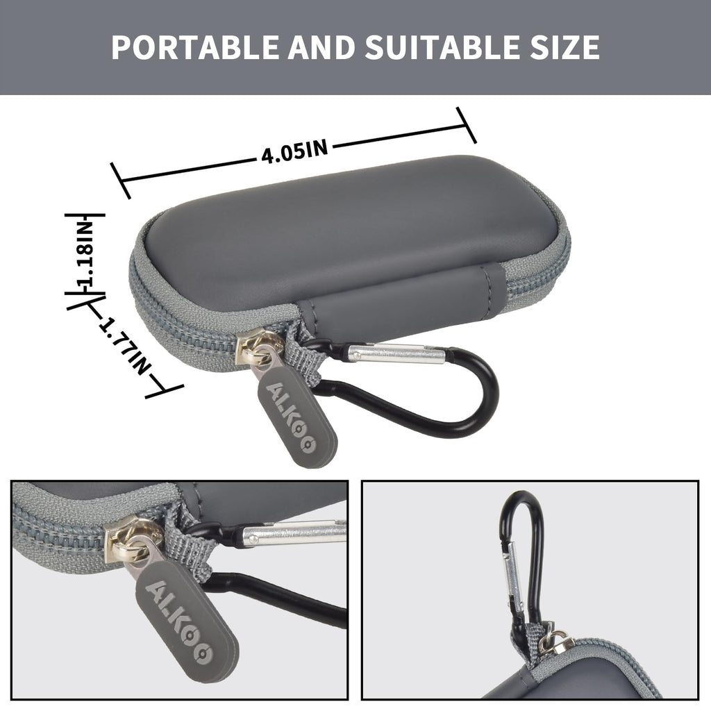 Dark gray USB flash drive and SD card storage case compact dimensions and carabiner detail
