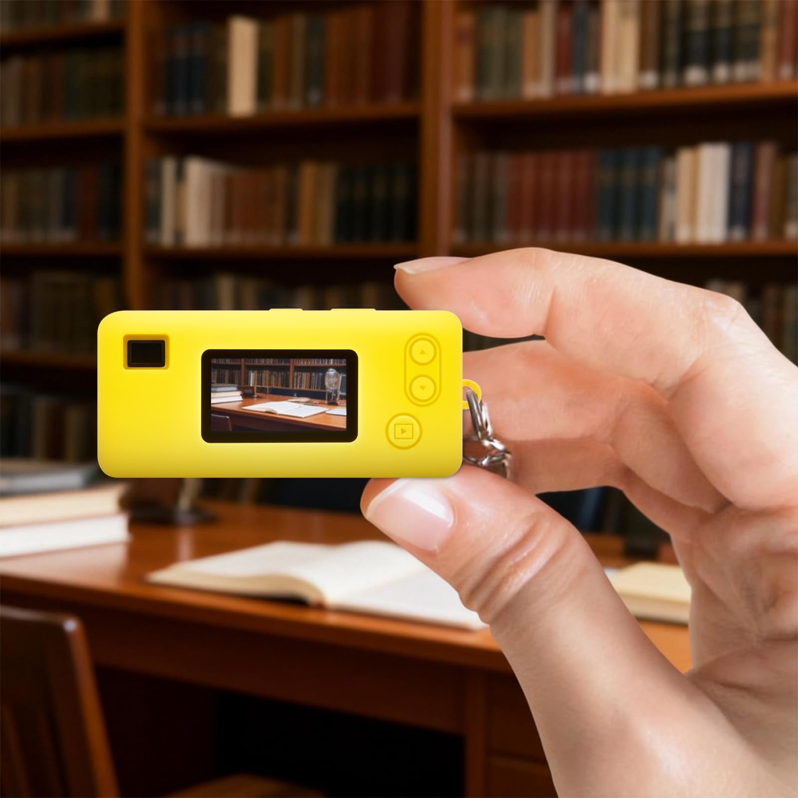 Yellow with retro camera graphic silicone case for Kodak Charmera keychain camera shown on the camera while taking a photo indoors
