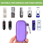 Purple USB flash drive and SD card storage case compatibility with assorted USB flash drives