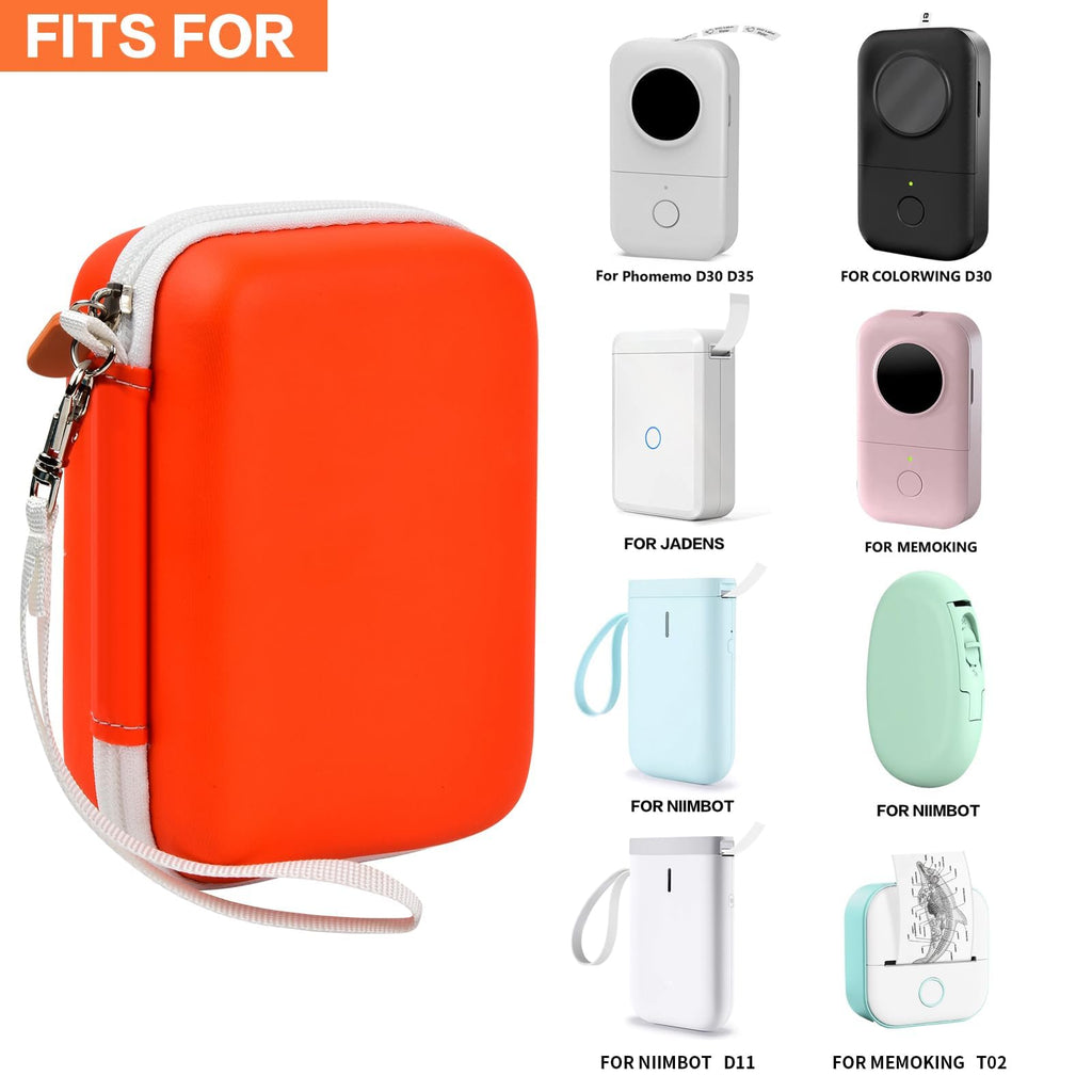 Orange label maker case shown with several compatible mini printers