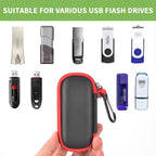 Black and red USB flash drive and SD card storage case compatibility with assorted USB flash drives