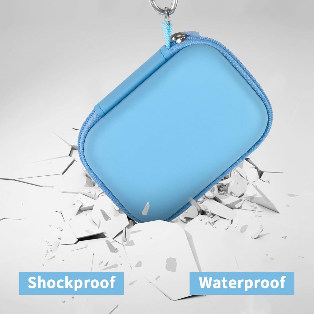 Light blue Crucial SSD case demonstrating shockproof and water-resistant protection