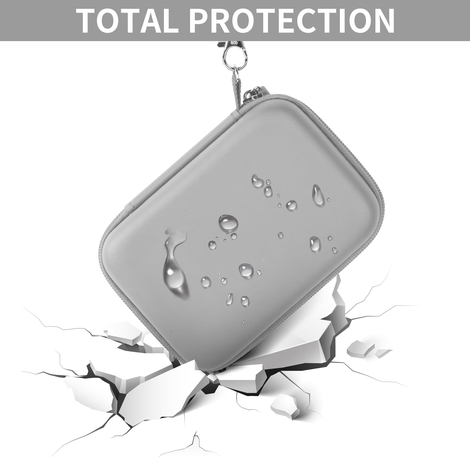 Gray retro handheld console carrying case hard-shell impact and splash protection demonstration
