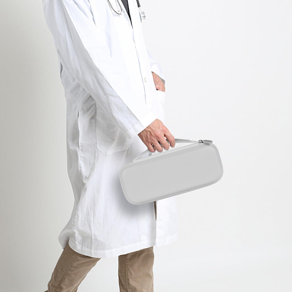 Healthcare professional carrying a closed gray hard stethoscope case
