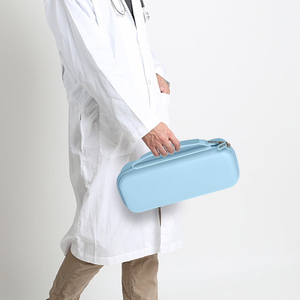 Healthcare professional carrying a closed light blue hard stethoscope case
