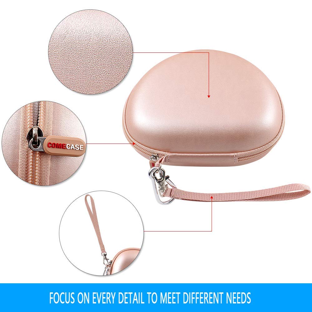 Rose gold headphone case with textured shell, zipper, metal clip, and wrist strap details