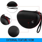 Black and red headphone case exterior with reinforced zipper, wrist strap, and hard shell