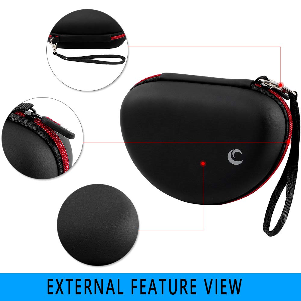Black and red headphone case exterior with reinforced zipper, wrist strap, and hard shell