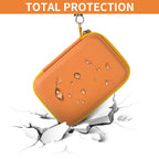 Orange retro handheld console carrying case hard-shell impact and splash protection demonstration