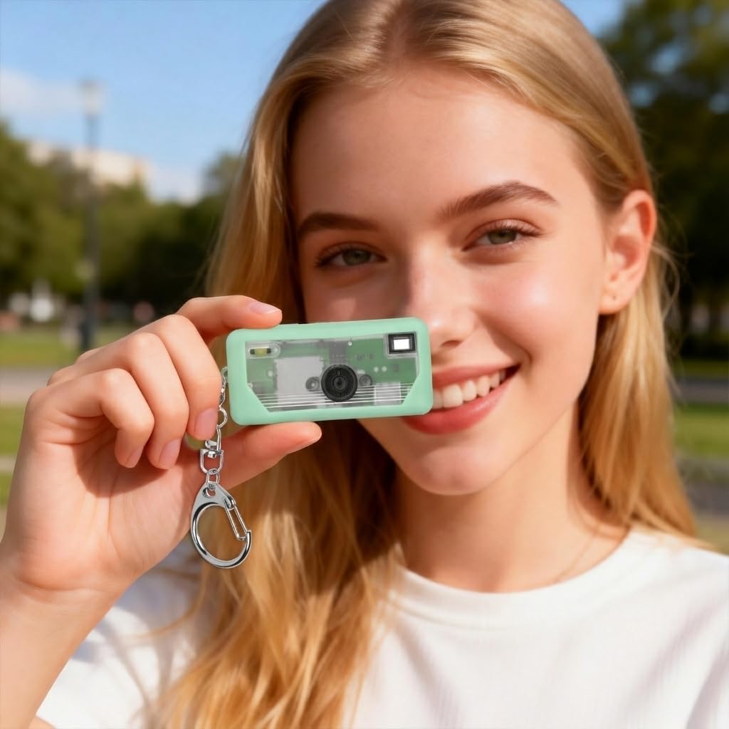 Mint green silicone case for Kodak Charmera keychain camera shown with a woman holding the camera on its keychain