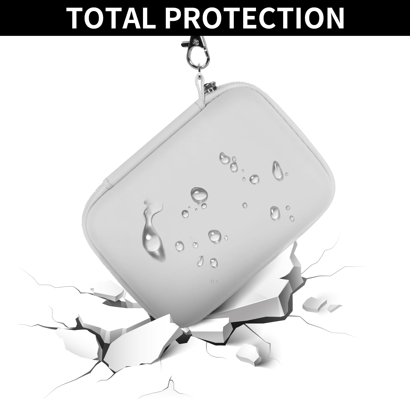White retro handheld console carrying case hard-shell impact and splash protection demonstration