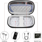 Black music player case interior with mesh pocket, molded padding, and elastic retaining straps