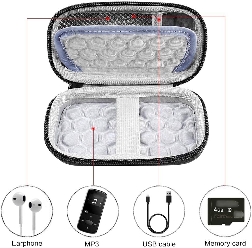 Black music player case interior with mesh pocket, molded padding, and elastic retaining straps