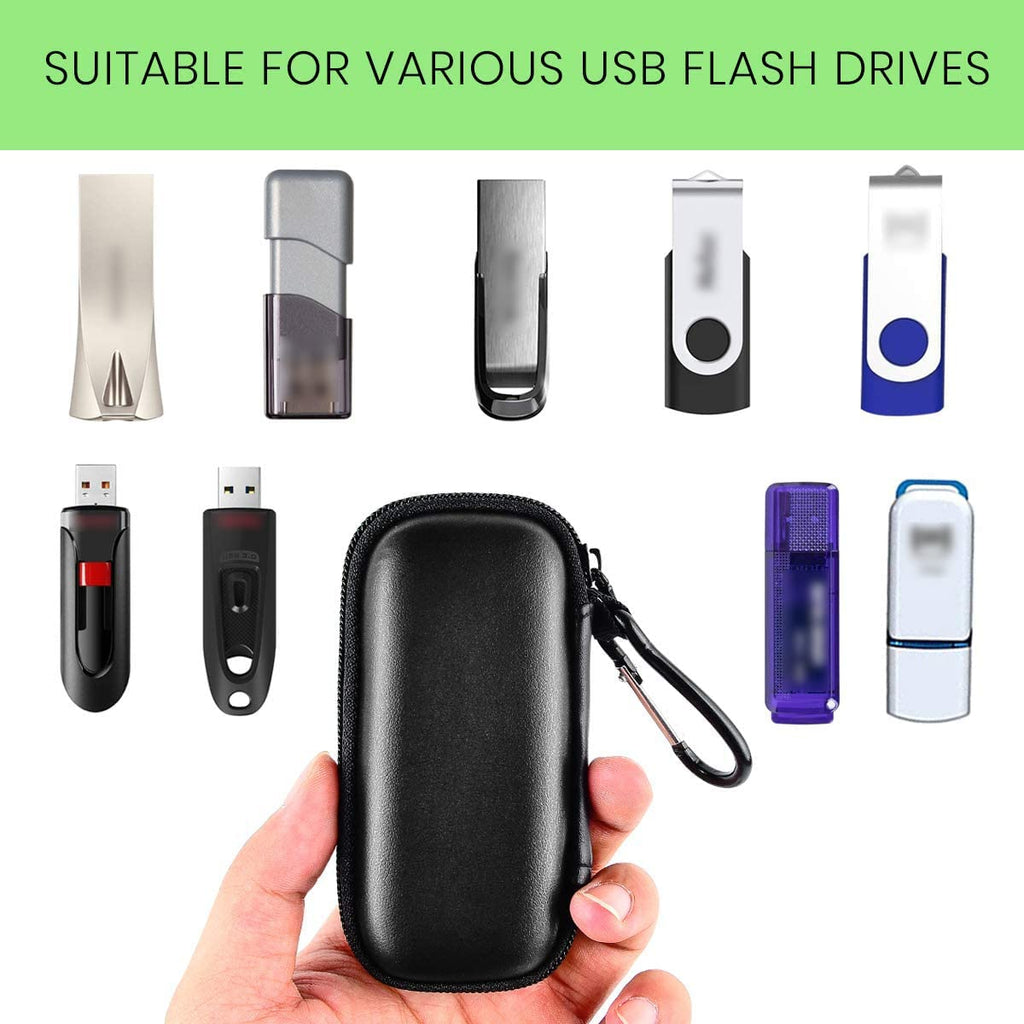 Black USB flash drive and SD card storage case compatibility with assorted USB flash drives