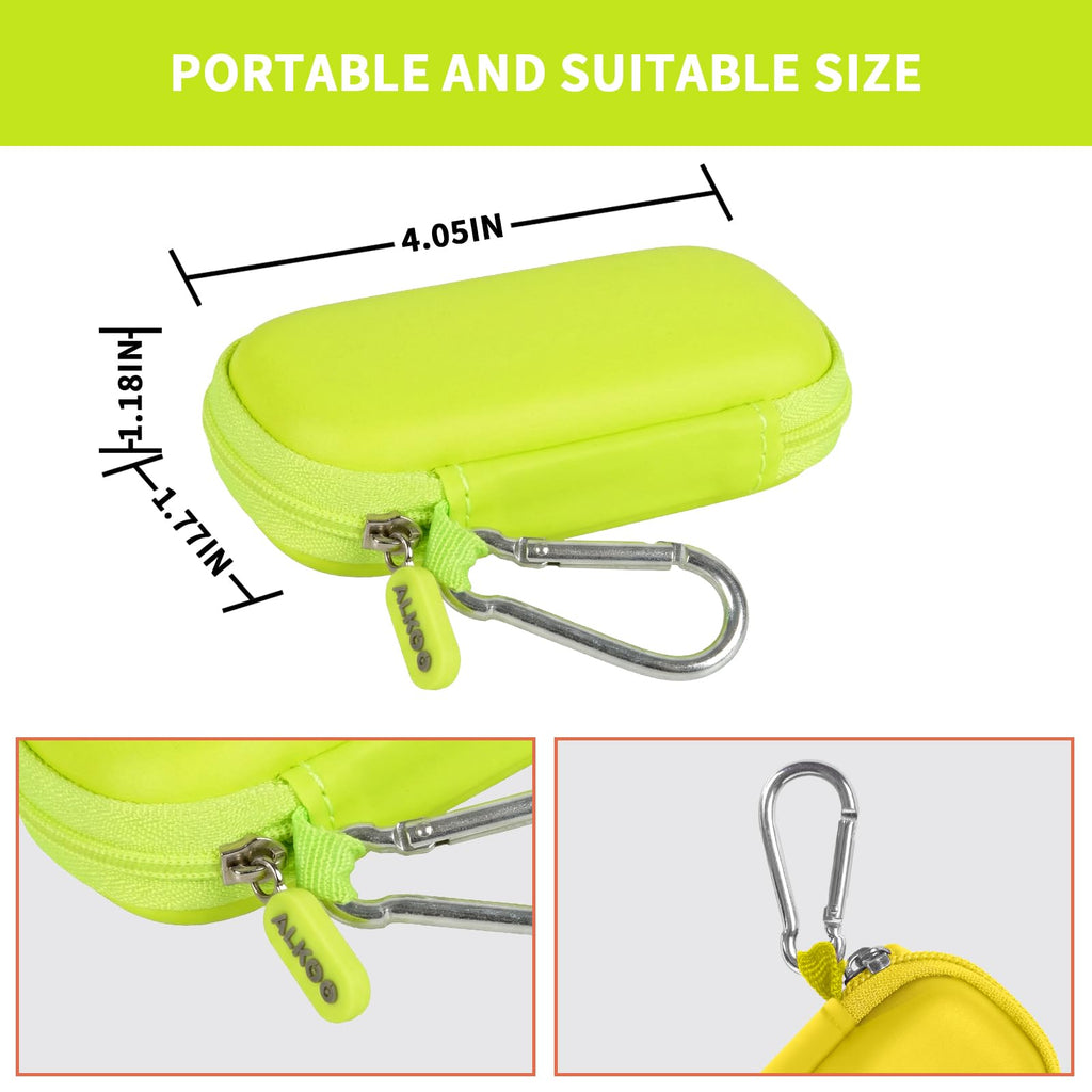 Neon green USB flash drive and SD card storage case compact dimensions and carabiner detail