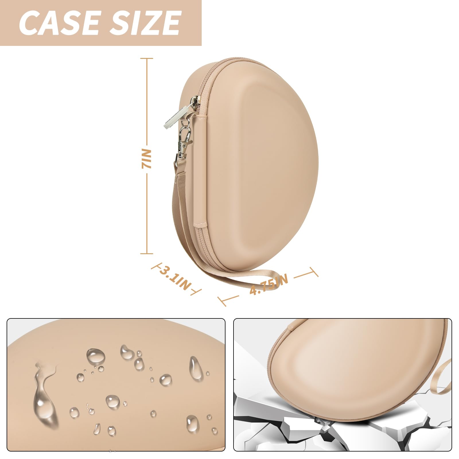 Beige headphone case dimensions with water-resistant and anti-fall protection