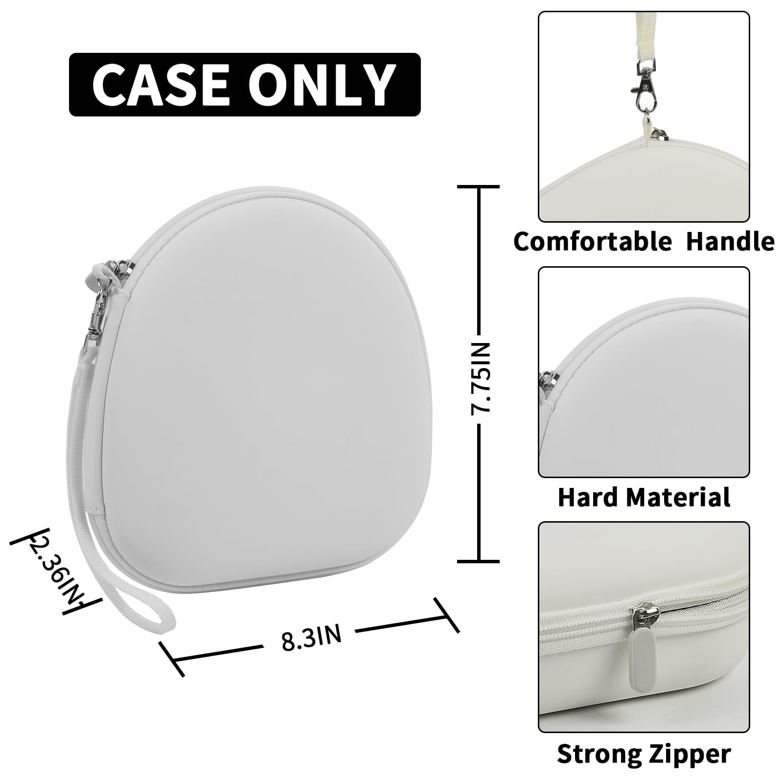 Light gray hard-shell headphone case dimensions with handle and strong zipper; case only