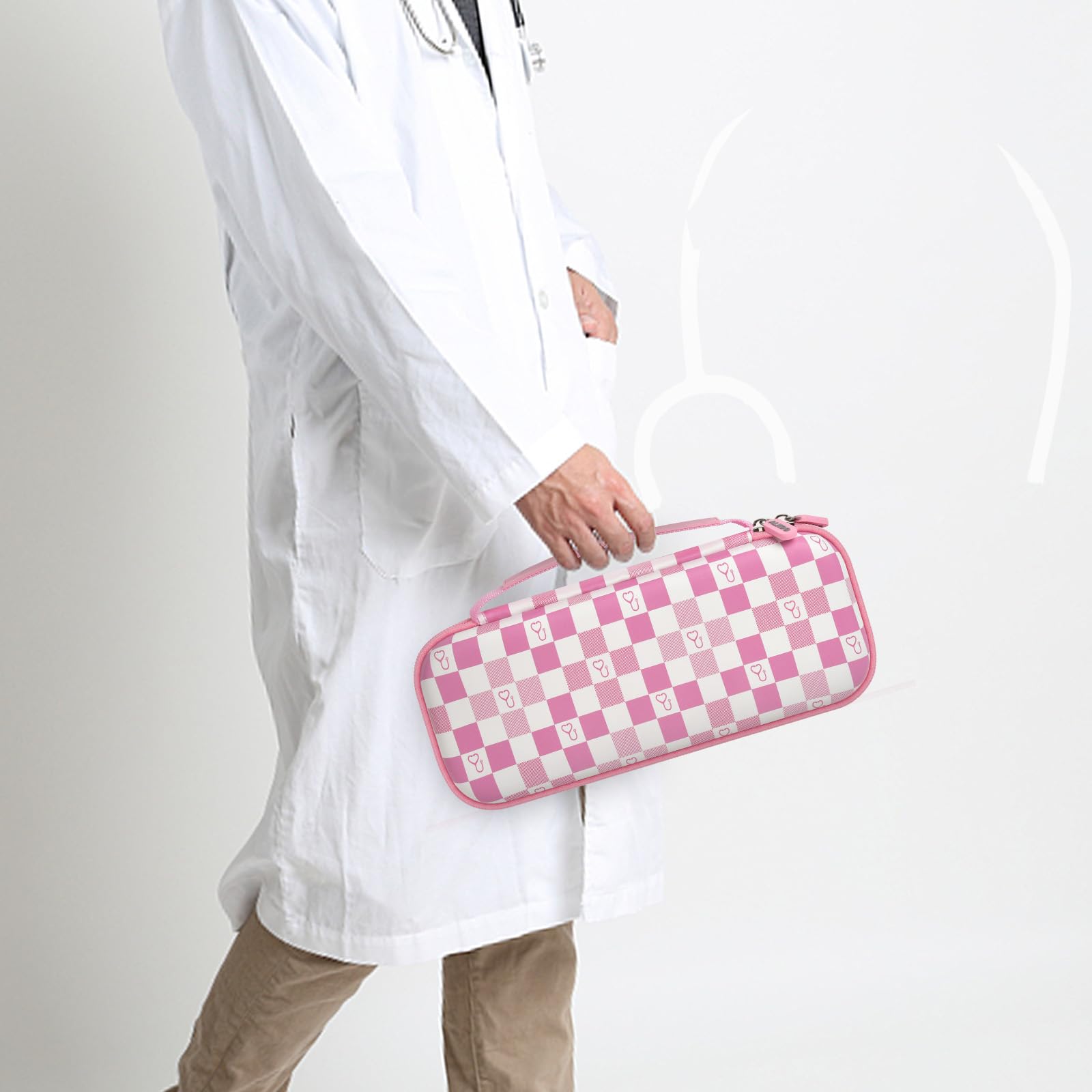 Healthcare professional carrying a closed pink checkered hard stethoscope case