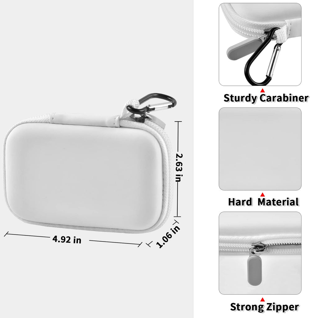 White portable SSD case dimensions with hard shell, zipper, and carabiner