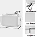 White portable SSD case dimensions with hard shell, zipper, and carabiner