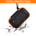 Black and orange SanDisk SSD case demonstrating total impact and water-resistant protection