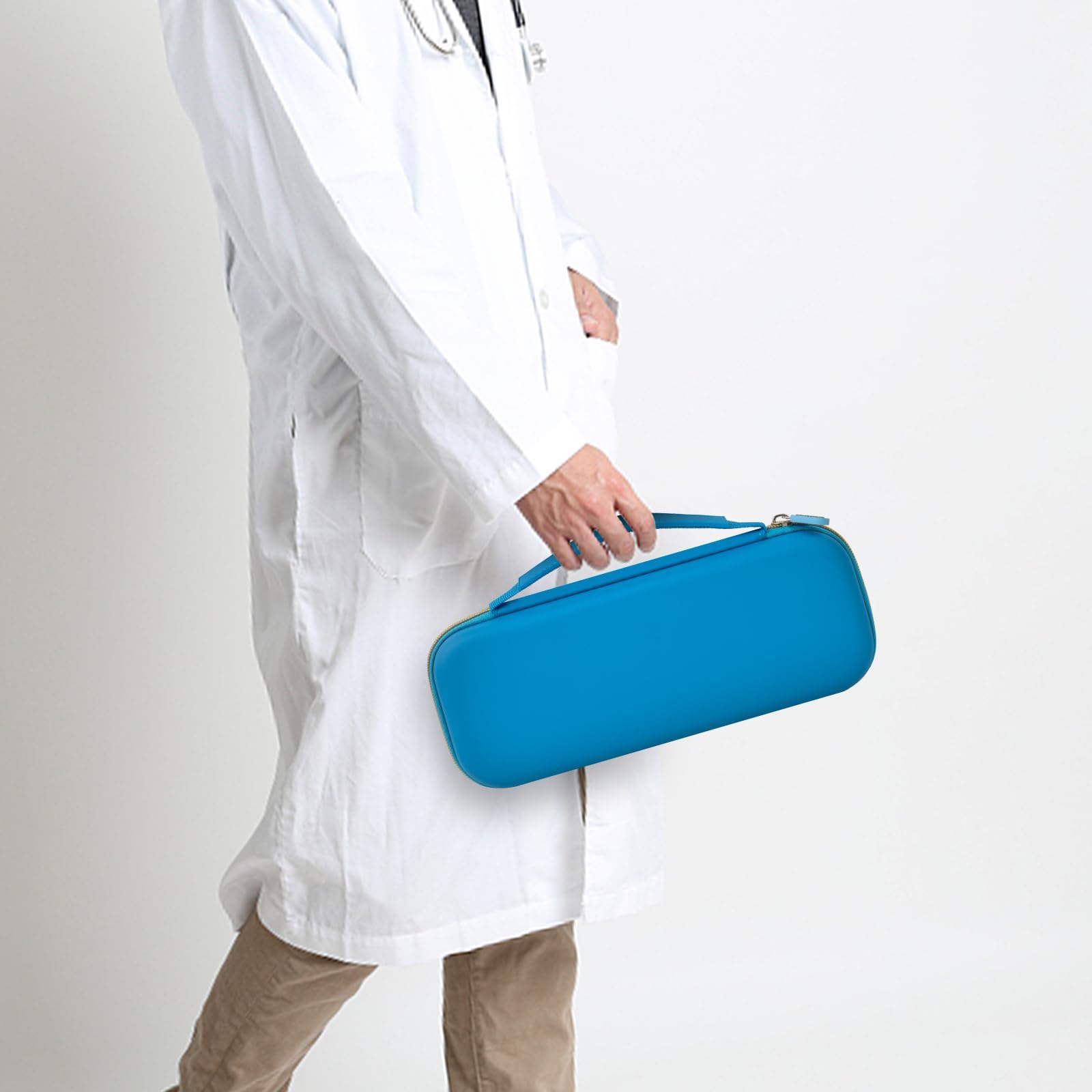 Healthcare professional carrying a closed blue hard stethoscope case