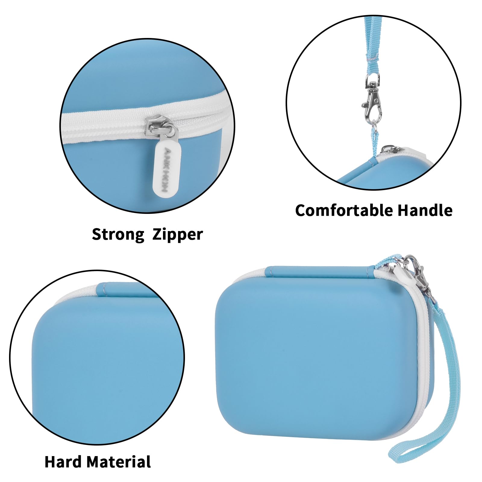 Blue mini printer case with strong zipper, carrying strap, and hard protective shell