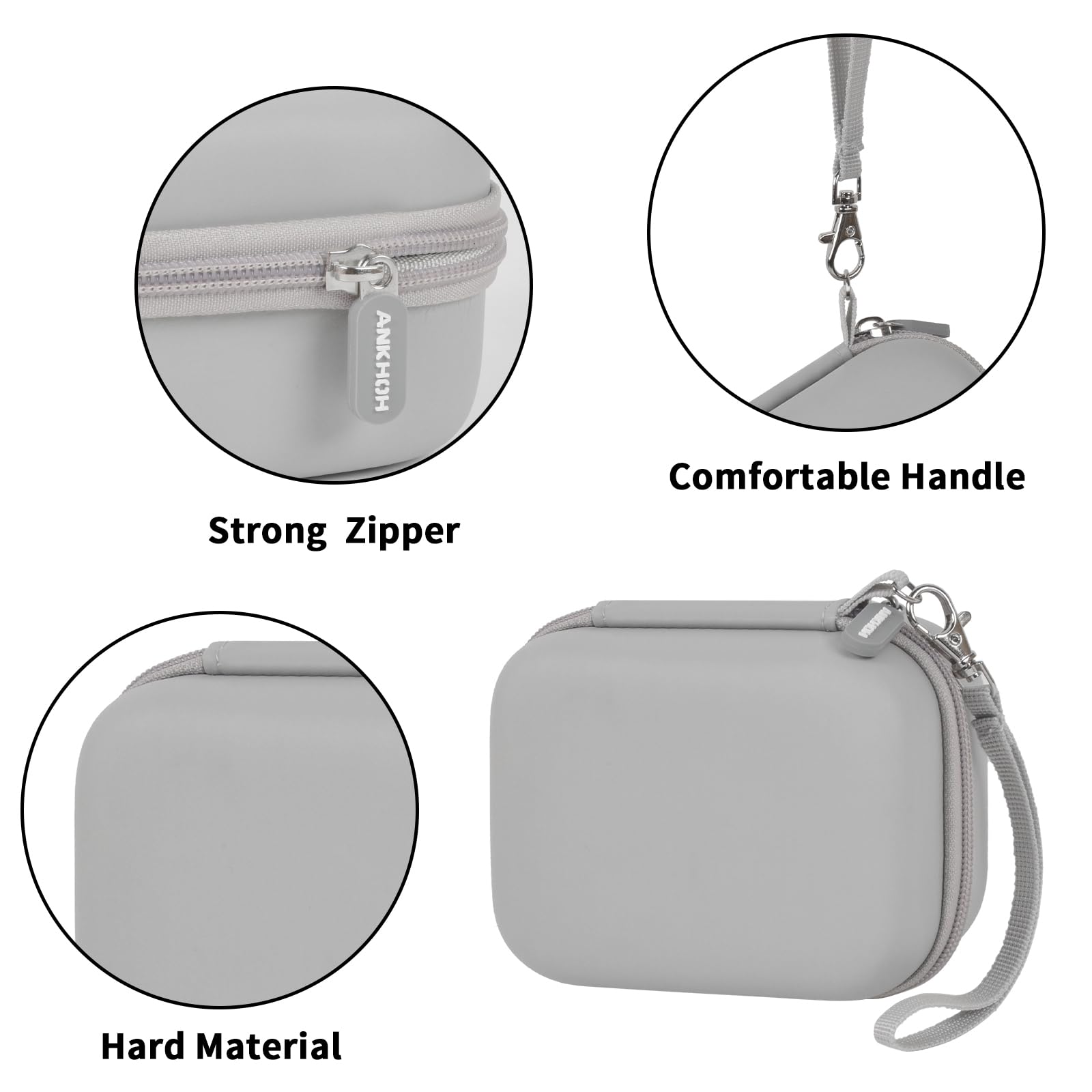 Gray mini printer case with strong zipper, carrying strap, and hard protective shell