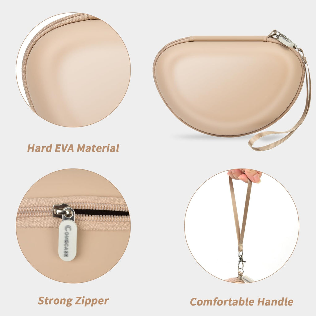 Beige headphone case with hard EVA shell, strong zipper, and carrying strap