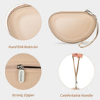 Beige headphone case with hard EVA shell, strong zipper, and carrying strap