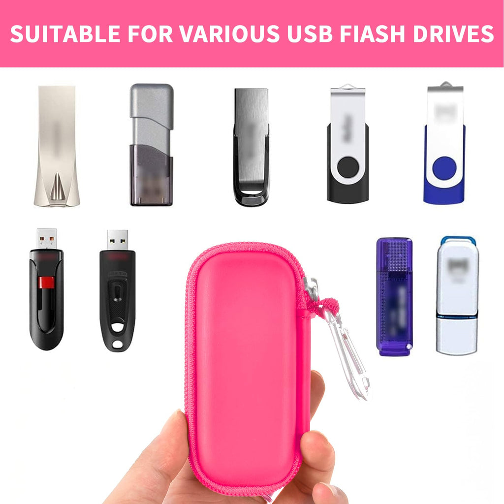 Hot pink USB flash drive and SD card storage case compatibility with assorted USB flash drives